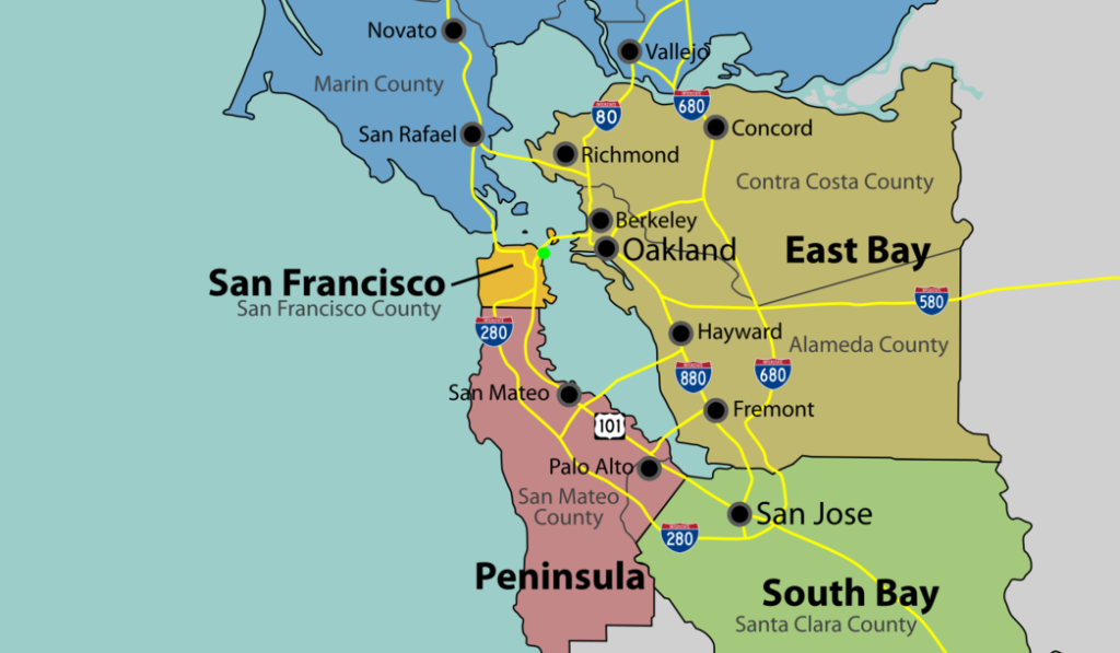 A map of the Bay Area with a green dot for where Oracle Park is located.