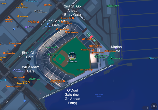 A map of the gates at Oracle Park in San Francisco.